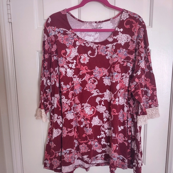 Woman Within Tops - Woman Within 3/4 Sleeve Lace Trim Top